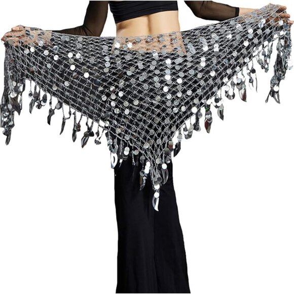 Dresses & Skirts - Women Belly Dance Hip Scarf Sequins Mesh Triangle Wrap Skirt Waist Chain